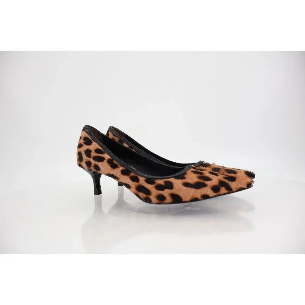 Tory Burch Double T Buckle Leopard Calf Hair Kitten Heel Pumps Size 5.5 Brown
